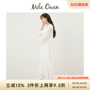Mila Owen春夏简约优雅蕾丝镂空圆领抽褶连衣裙09WFO242125