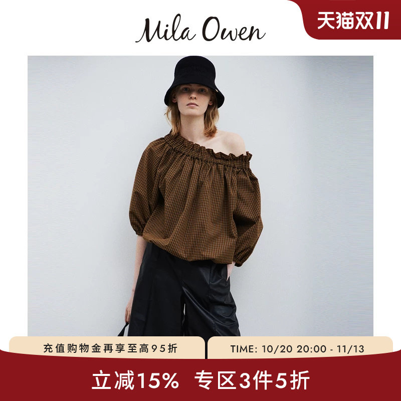 Mila Owen秋冬日系优雅花边一字领泡泡袖衬衫09WFT254027