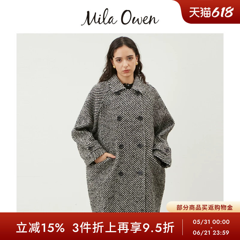 Mila Owen秋冬日系气质条纹双排扣翻领毛呢大衣09WFC245101