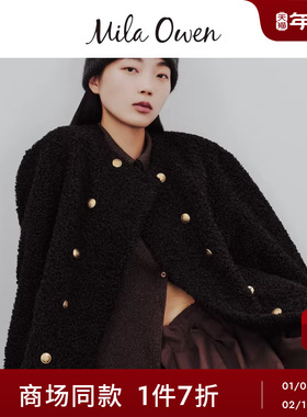 Mila Owen25秋冬新品优雅羊羔毛双排扣短款无领外套09WFJ255028