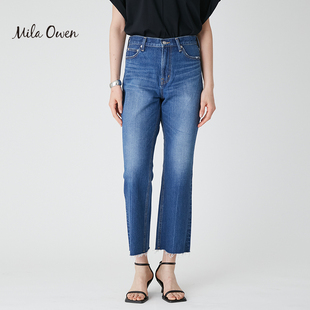 Mila 09WFP232031 Owen春夏休闲高腰微喇流苏下摆九分水洗棉牛仔裤