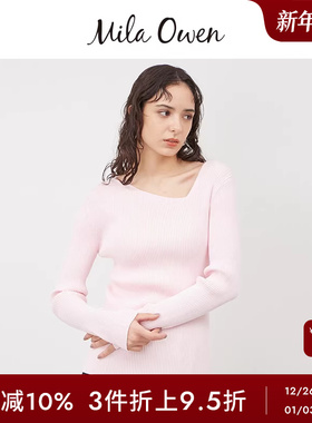 Mila Owen春夏休闲百搭纯色斜V领多巴胺罗纹针织衫09WNT241087