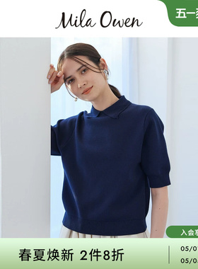 Mila Owen26春夏新品纯色百搭蕾丝边翻领短袖针织上衣09WNT261083