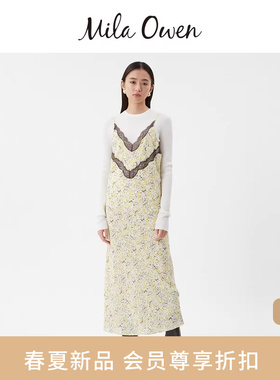 Mila Owen26春夏新品复古印花蕾丝透视半喇吊带连衣裙09WFO261948