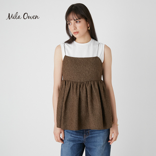Owen春夏甜美圆领背心压褶纹理可调节吊带两件套09WFT232113 Mila