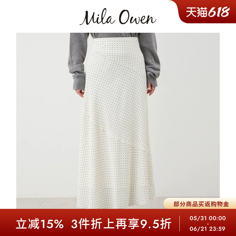 Mila Owen秋冬日系优雅高腰波点拼接半身裙长裙09WFS254128