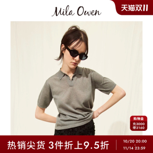 09WNT242156 V领POLO针织衫 Mila Owen春夏宽松落肩微透短袖