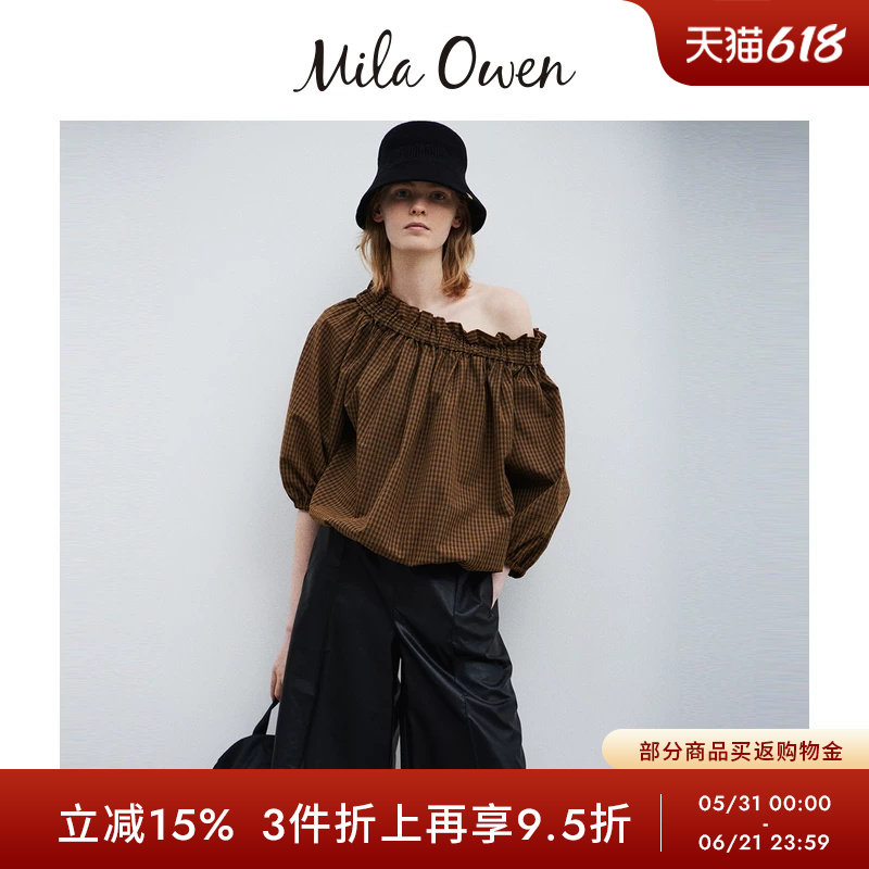 Mila Owen秋冬日系优雅花边一字领泡泡袖衬衫09WFT254027