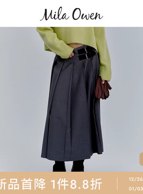 Mila Owen25秋冬新品优雅仿皮革腰带宽褶长款百褶裙09WFS255012