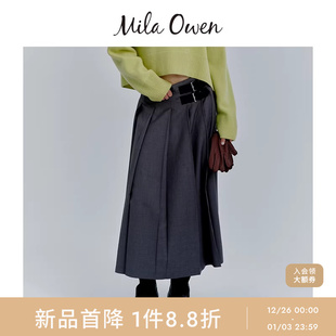 百褶裙09WFS255012 优雅仿皮革腰带宽褶长款 Mila Owen25秋冬新品