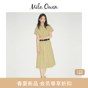 Mila 复古刺绣logo格纹短袖 衬衫 连衣裙09WFO261067 Owen26春夏新品