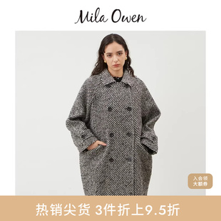 Mila Owen秋冬日系气质条纹双排扣翻领毛呢大衣09WFC245101