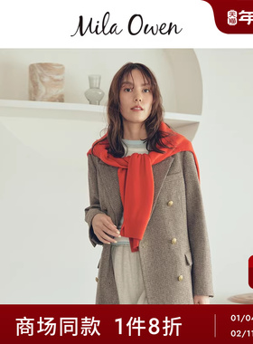 Mila Owen25秋冬新品经典格纹翻领金扣长款西装外套09WFJ254137