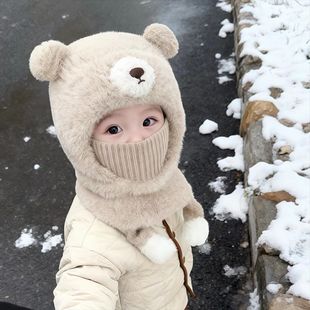 儿童帽子秋冬款可爱小熊围脖口罩一体毛绒保暖宝宝套头护耳帽m