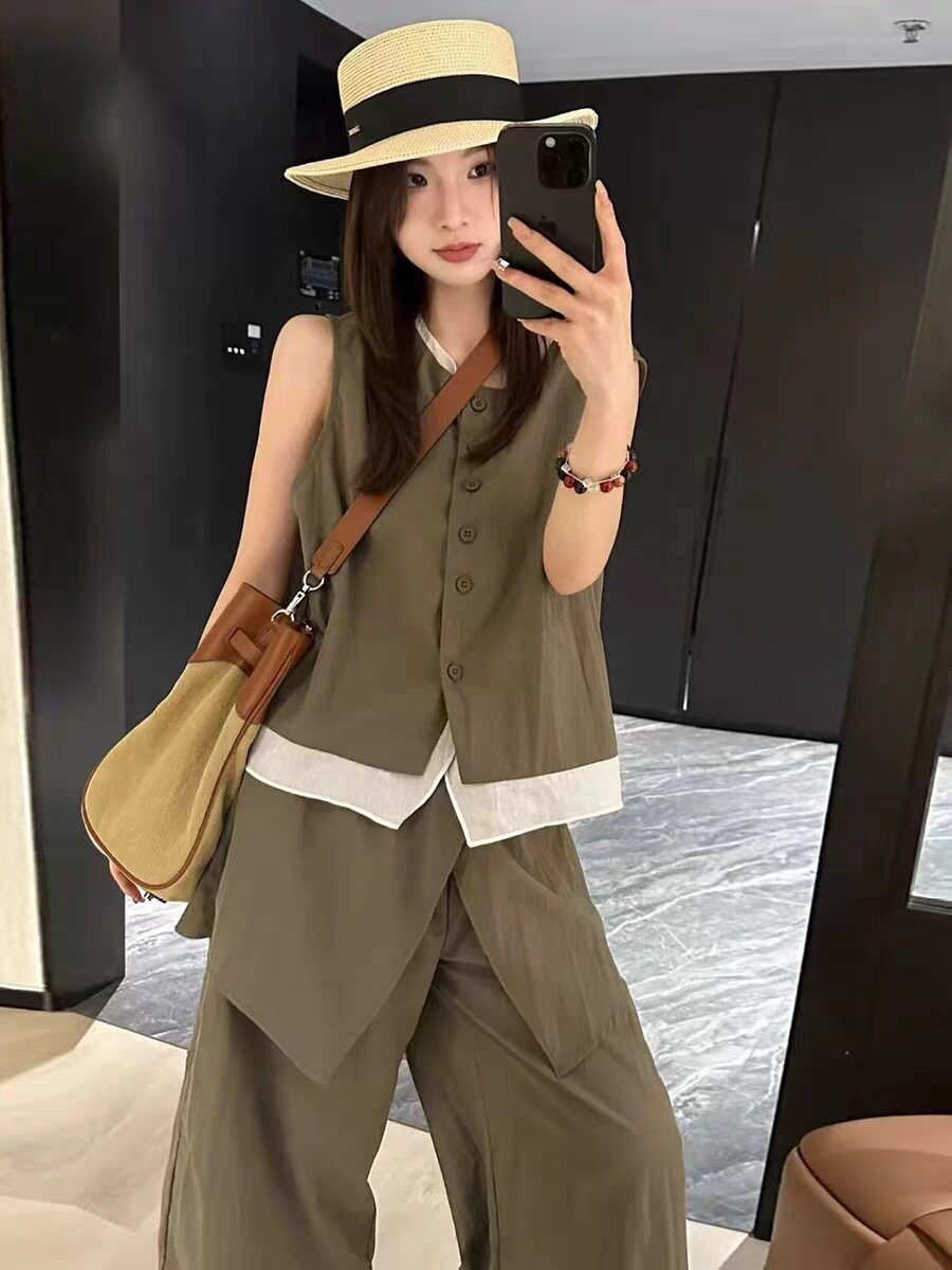 韩版森女无袖马甲上衣七分裤套装夏季时尚气质两件套精致减龄套装