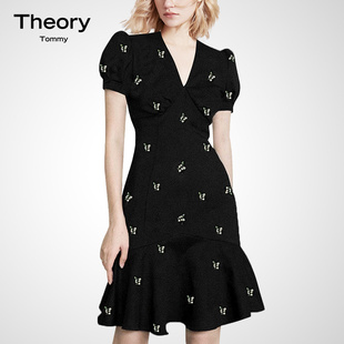 Theory Tommy轻熟风设计感v领印花连衣裙2024新款小黑裙鱼尾裙子