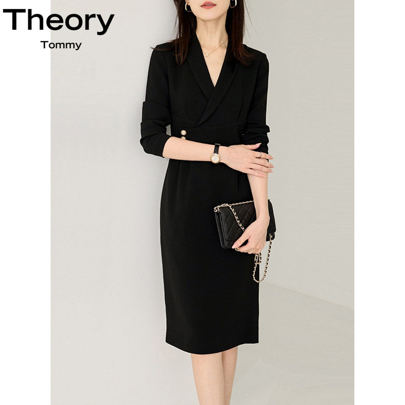 theory tommy 春秋气质通勤三醋酸青果领立裁收腰显瘦设计连衣裙