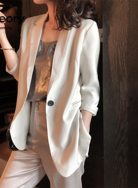 Theory Tommy2024春秋醋酸小西装外套休闲缎面珠光垂感修身西服