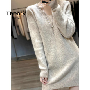 Theory Tommy25新款V领羊绒连衣裙中长款毛衣针织纯羊毛打底裙子