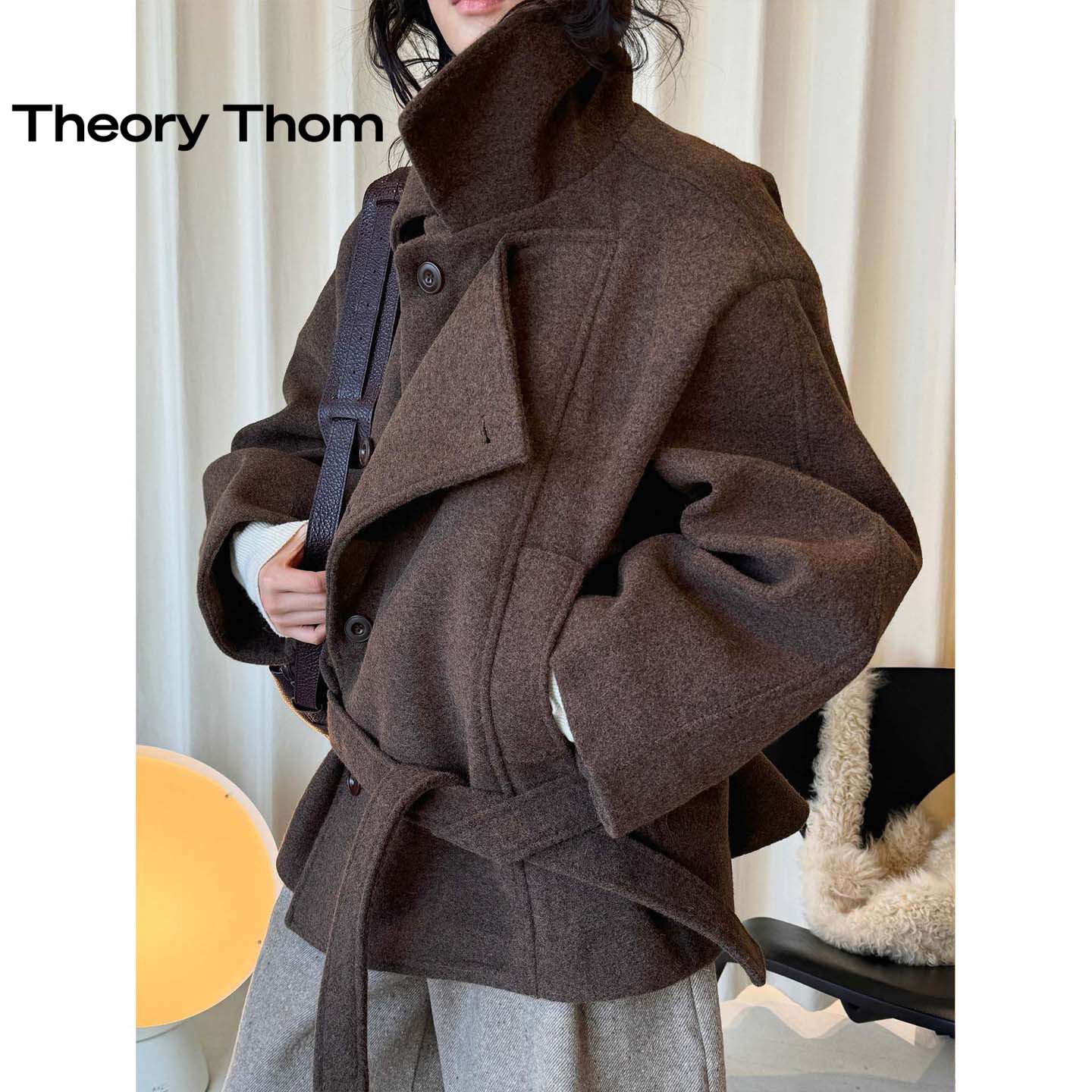 theory thom2025冬季款翻领单面呢配腰带大衣双层门襟保暖外套女