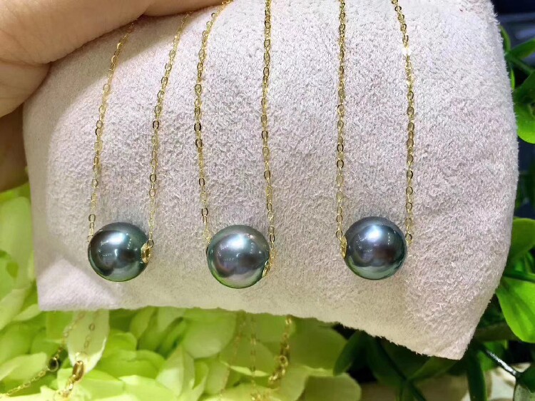 10-11mm正圆强光微瑕大溪地黑珍珠路路通 孔雀绿珍珠吊坠项链锁骨