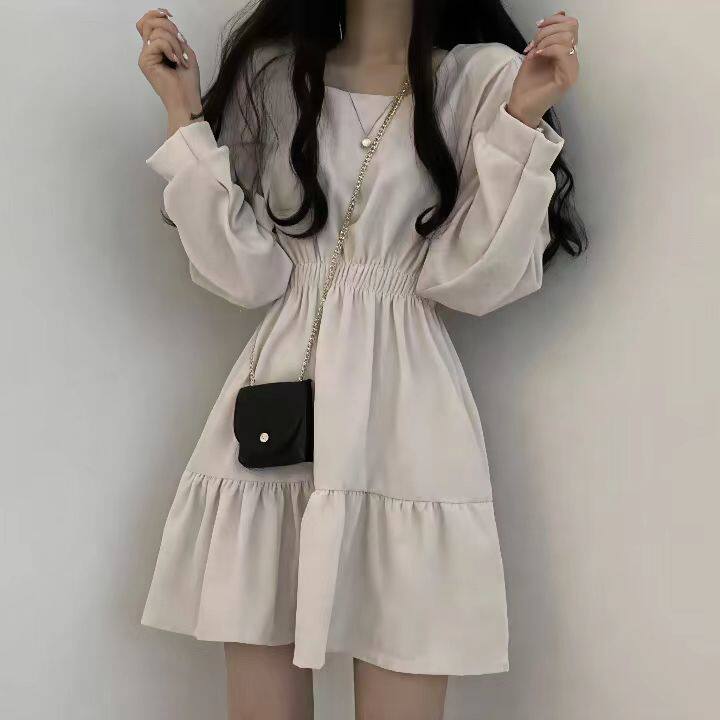 欧美风方领显瘦褶皱韩版少女减龄宽松高腰复古小个子街拍连衣裙