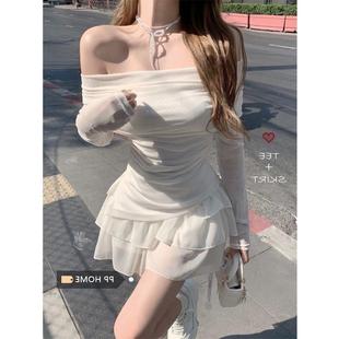 穿搭蛋糕半身裙两件套 网红同款 法式 甜辣套装 女一字肩T恤上衣夏季