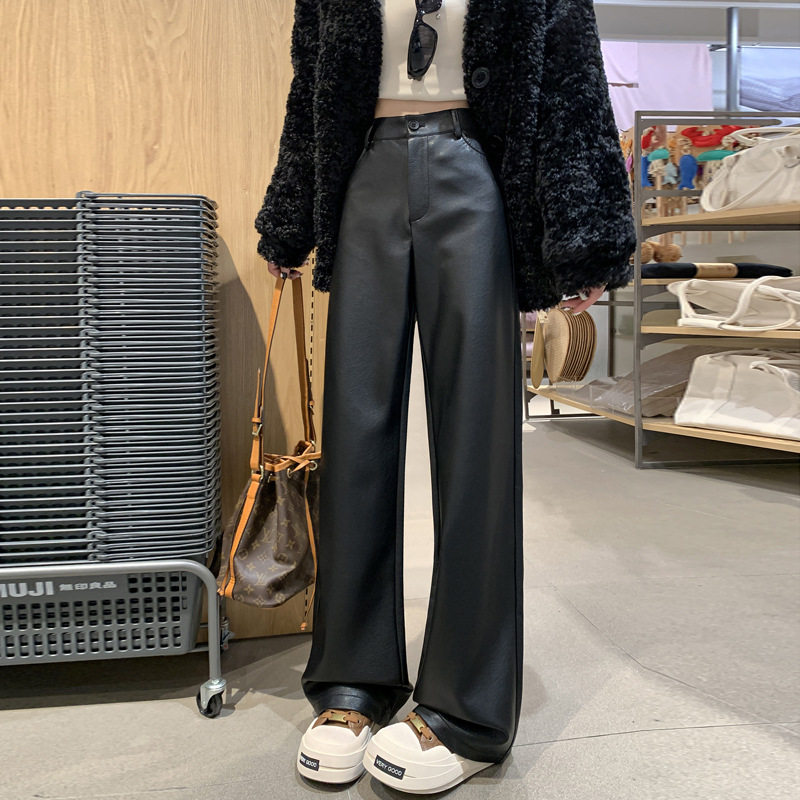 软皮黑色机车PU皮裤直筒裤女加绒加厚蛋白皮设计感显瘦pu西装皮裤,女装/女士精品,休闲裤,淘宝优惠券,粉丝福利购,淘宝优惠卷