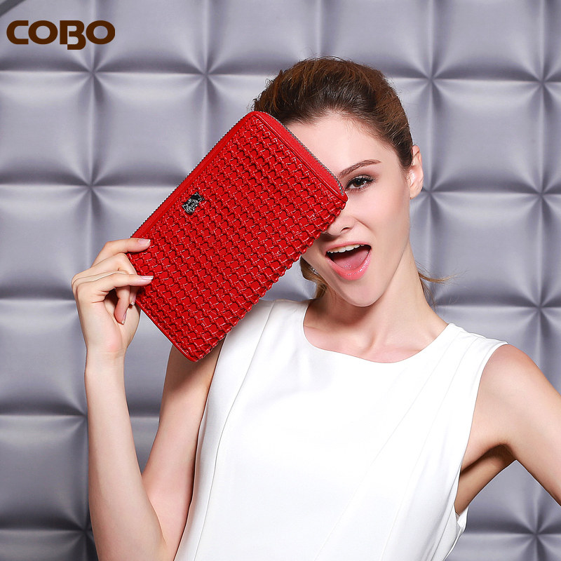 COBO/羚羊编织钱包 头层牛皮全手工编织欧美女士长款钱包手拿包