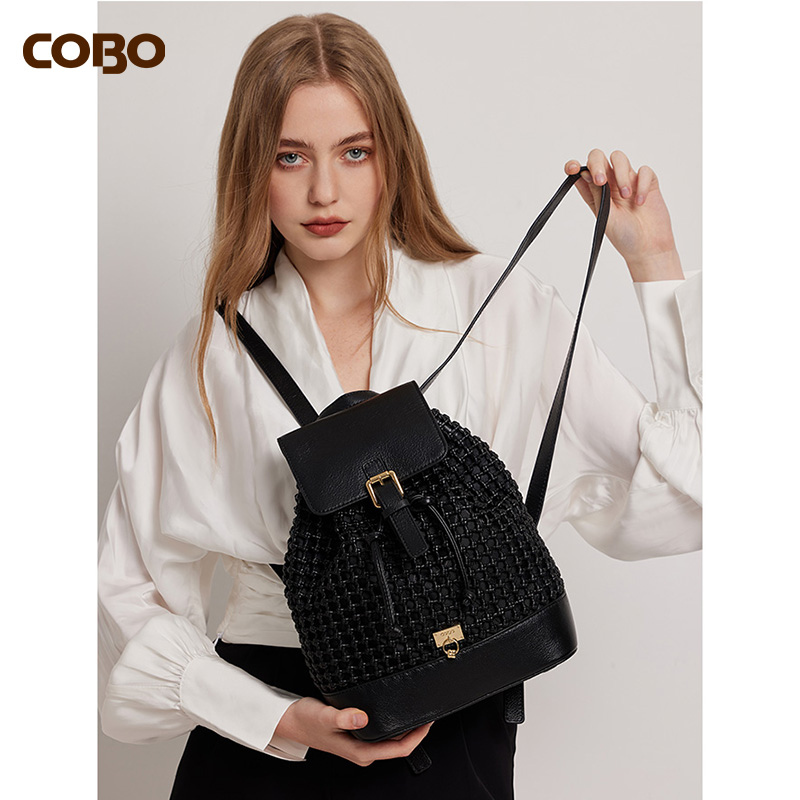 新款头层牛皮手工编织休闲大容量双肩包