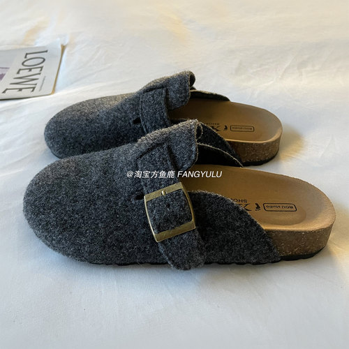 方鱼鹿 INS韩系同款呢子勃肯鞋女2025年新款懒人一脚蹬包头半拖鞋