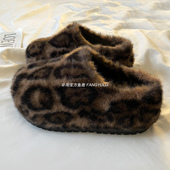 厚底增高豹纹棉拖鞋 女2024冬季 韩版 方鱼鹿 加绒一脚蹬毛毛鞋 外穿