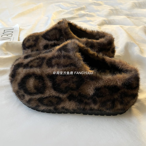 方鱼鹿 厚底增高豹纹棉拖鞋女2024冬季韩版加绒一脚蹬毛毛鞋外穿