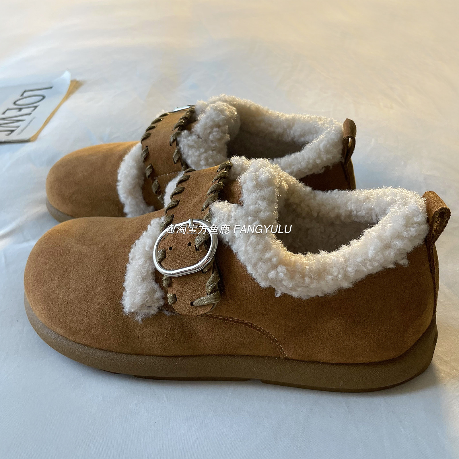 方鱼鹿 复古百搭加绒勃肯鞋女2025冬季韩版chic厚底防滑毛毛棉鞋,女鞋,时尚雪地靴,淘宝优惠券,粉丝福利购,淘宝优惠卷