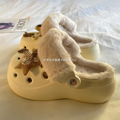 方鱼鹿 可爱KT猫加绒洞洞鞋女2025秋冬保暖厚底防滑包头拖鞋外穿