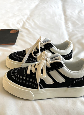 方鱼鹿 复古港味帆布鞋女2023年新款小众设计百搭黑色板鞋女INS潮