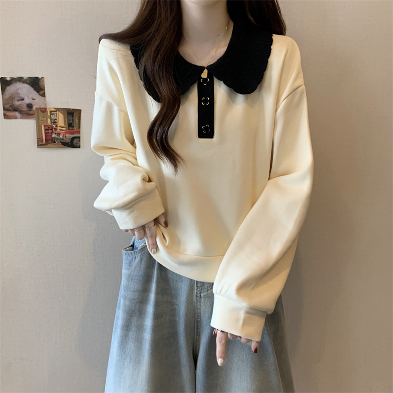 大码娃娃领卫衣女2023新款春秋装胖mm加绒加厚百搭遮肚子显瘦上衣