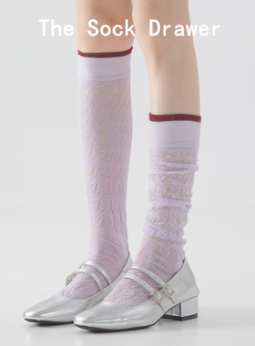 miu系芭蕾风紫色小腿袜子女春秋新款镂空网眼学院风长筒堆堆袜子