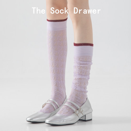 miu系芭蕾风紫色小腿袜子女春秋新款镂空网眼学院风长筒堆堆袜子