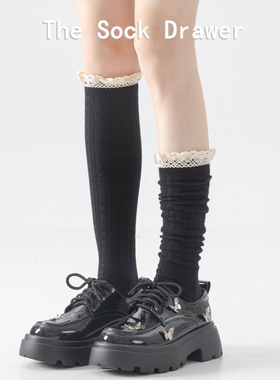 黑色小腿袜女春秋款蕾丝花边长筒袜立体浮雕堆堆袜配小皮鞋的袜子