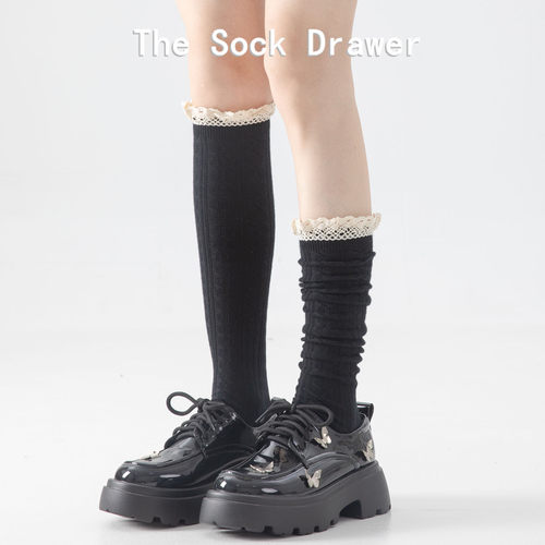 黑色小腿袜女春秋款蕾丝花边长筒袜立体浮雕堆堆袜配小皮鞋的袜子