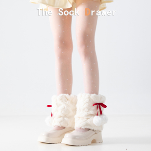 加绒加厚保暖袜套女秋冬日系洛丽塔毛绒球蝴蝶结堆堆袜腿套学院风
