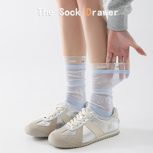 浅蓝色堆堆袜女春夏季薄款蕾丝网眼透气爱心韩版ins潮袜配德训鞋