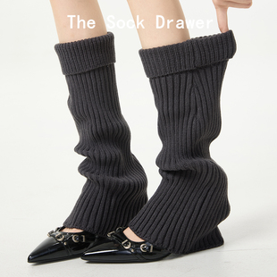 黑色宽松翻口针织堆堆袜套女秋冬外穿保暖y2k辣妹喇叭口腿套