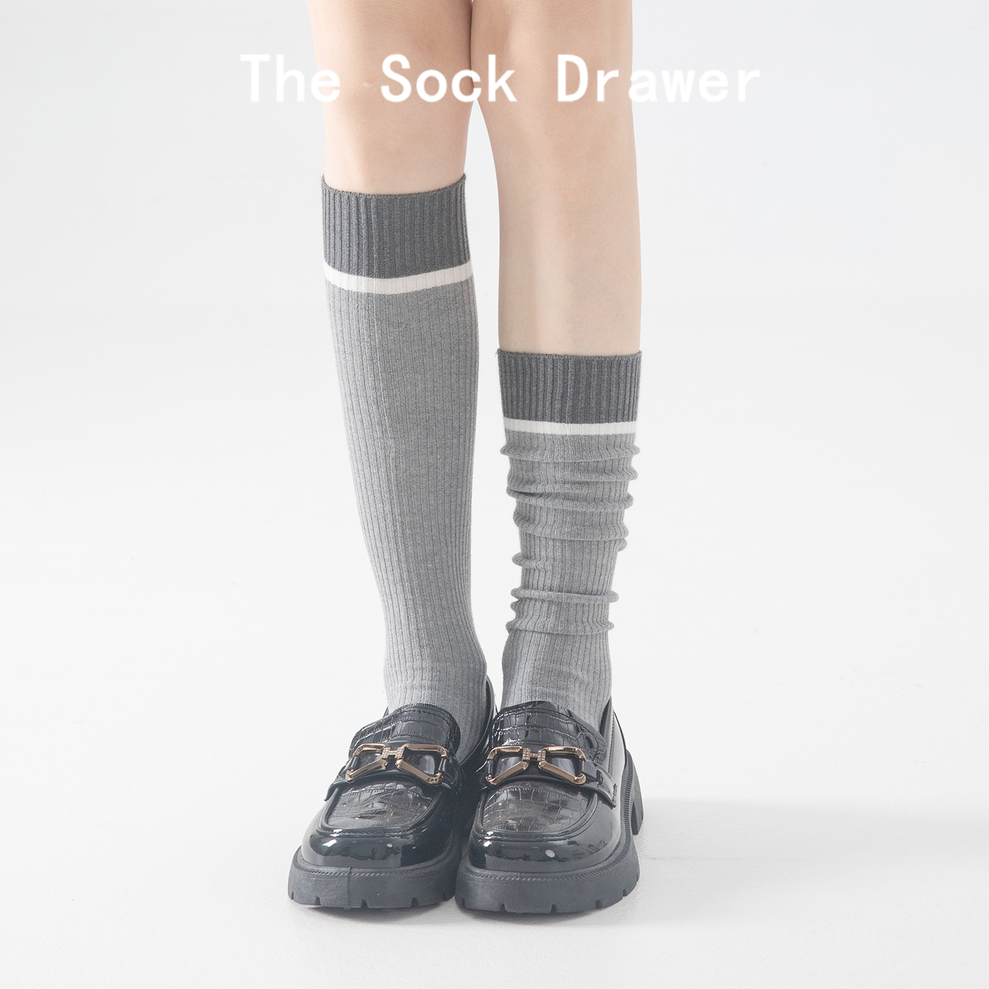 miu系双针浅灰色小腿袜女秋冬一杠坑条羊绒长筒袜子学院风堆堆袜