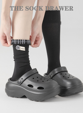 黑色长袜子纽扣饰品袜子女搭配洞洞鞋的袜子强压小腿袜春秋纯棉