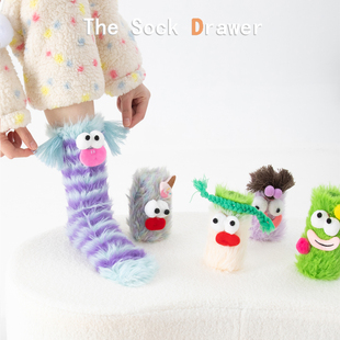 毛绒搞怪中筒袜女秋冬加厚保暖居家睡眠堆堆袜丑萌小怪兽貂毛袜子