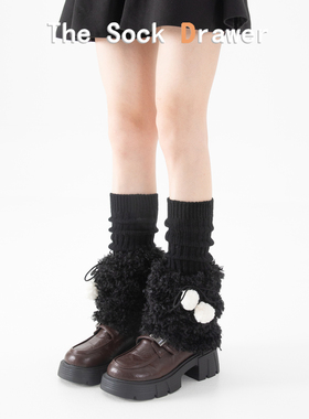 毛绒袜套女秋冬加厚保暖长筒防下滑黑色毛球蝴蝶结洛丽塔堆堆腿套