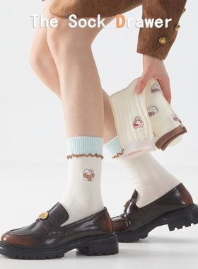 白色木耳边堆堆袜女秋冬款韩版ins潮长袜卡通刺绣可爱小猫中筒袜