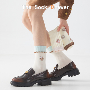 白色木耳边堆堆袜女秋冬款 ins潮长袜卡通刺绣可爱小猫中筒袜 韩版